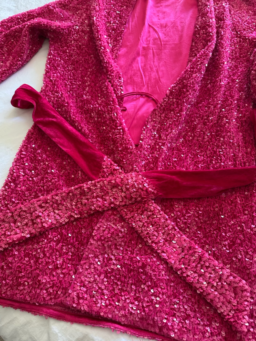 Blue B Collection, Bright Pink Sequin Wrap Mini Dress with Belt, size large - Picture 14 of 16